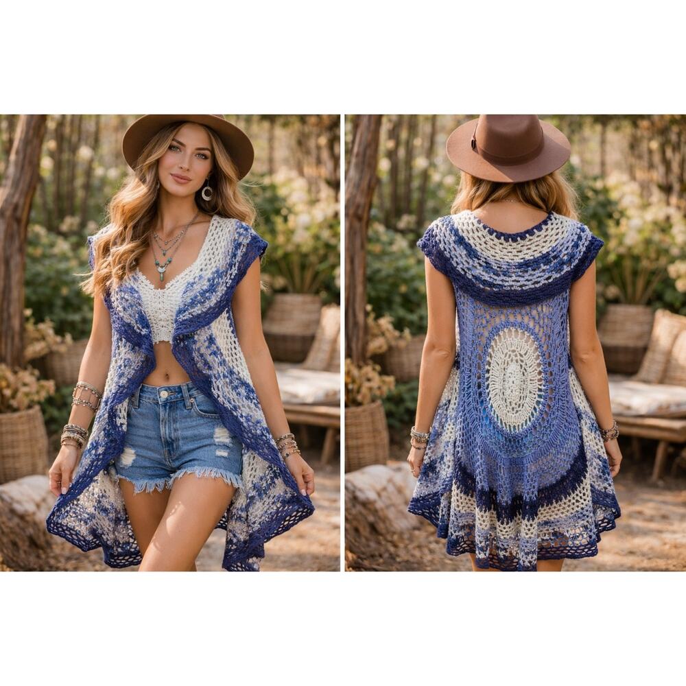 Handmade Crochet Boho Vest Medium Blue White Open Knit Festival Hippie Layering
